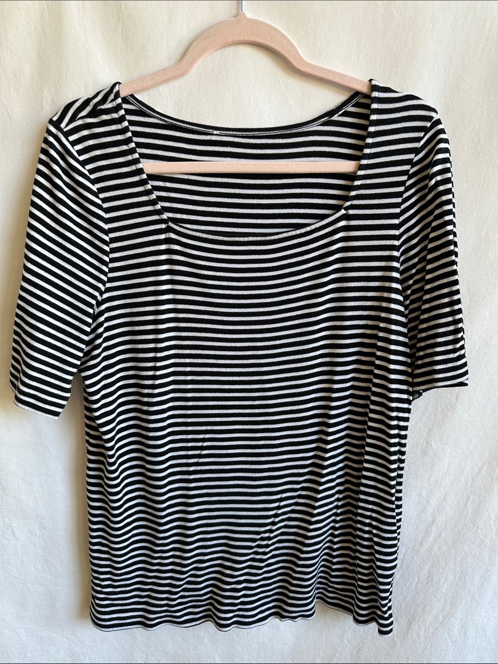 Nordstrom black and white stripe square neck short sleeve knit top, size XL